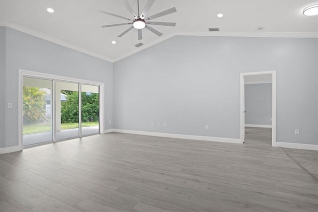 614 Stevenson Ave, Sebastian, FL 32958 - empty room featuring ornamental molding, a ceiling fan, lofted ceiling, recessed lighting, and light wood-style floors