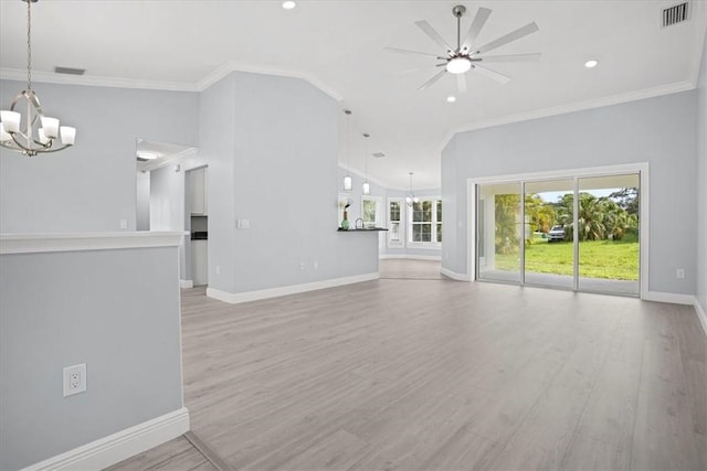 614 Stevenson Ave, Sebastian, FL 32958 - unfurnished living room with a chandelier, ceiling fan, crown molding, light wood-type flooring, and recessed lighting