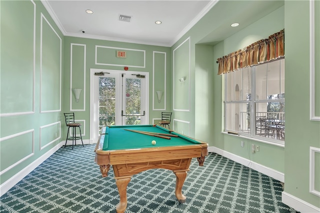 playroom with carpet, ornamental molding, pool table, and french doors