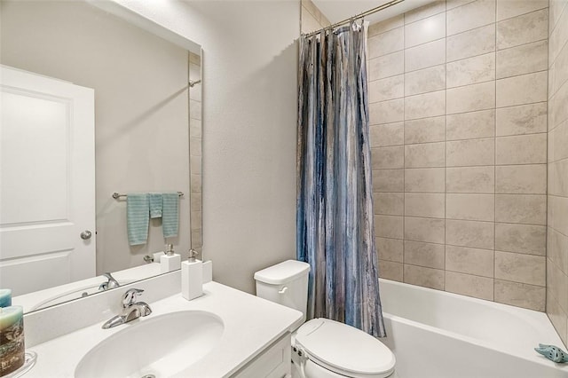 bathroom with vanity, toilet, and shower / tub combo with curtain