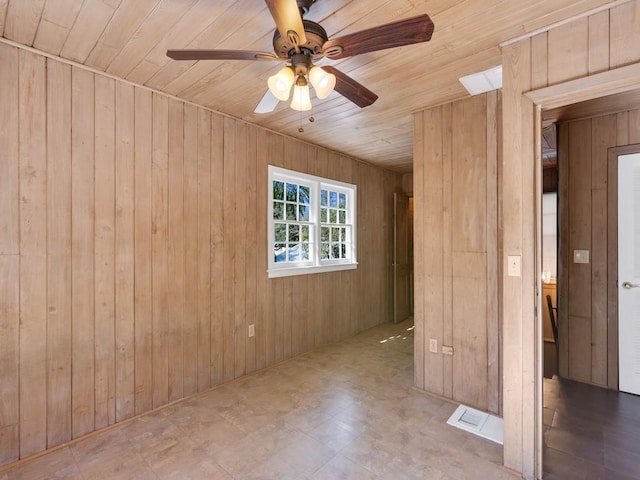 empty room with ceiling fan, wood ceiling, and wood walls