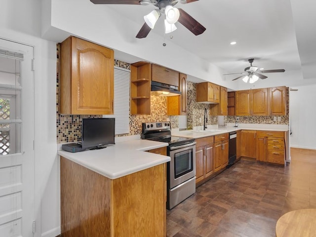 kitchen with sink, black dishwasher, decorative backsplash, stainless steel range with electric cooktop, and kitchen peninsula