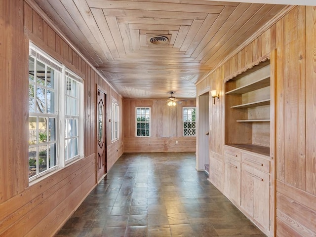 unfurnished dining area featuring wood ceiling, ceiling fan, wooden walls, and built in features