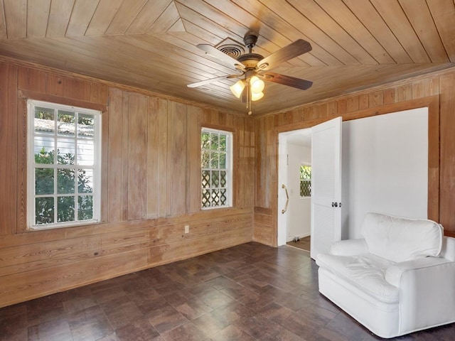 unfurnished room featuring plenty of natural light, wooden walls, and wooden ceiling