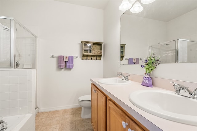 full bathroom with toilet, shower with separate bathtub, vanity, and tile patterned flooring