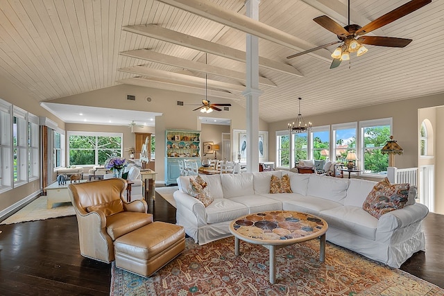 living room featuring high vaulted ceiling, beamed ceiling, dark hardwood / wood-style floors, and wooden ceiling