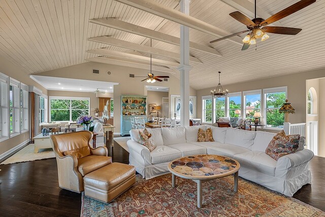 living room featuring high vaulted ceiling, beamed ceiling, dark hardwood / wood-style floors, and wooden ceiling