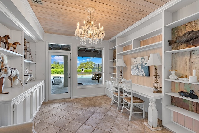 home office with built in features, wood ceiling, an inviting chandelier, and ornamental molding