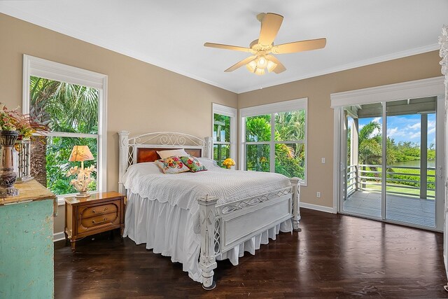 bedroom with access to outside, dark wood-type flooring, multiple windows, and ceiling fan