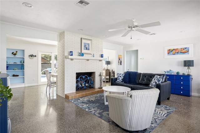 living room featuring a fireplace, built in features, ceiling fan, and crown molding