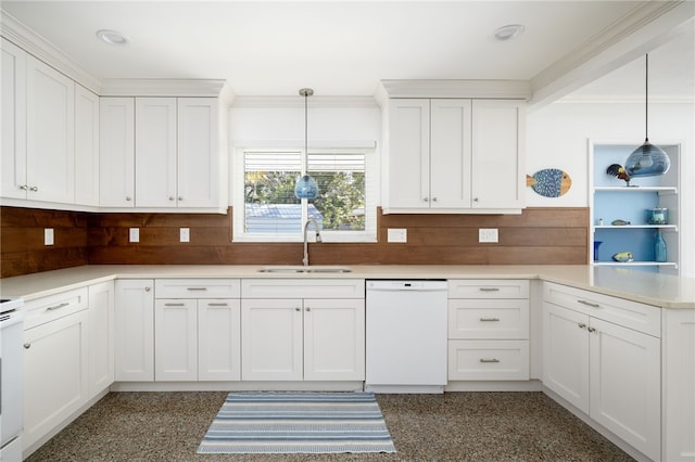 kitchen featuring white dishwasher, white cabinets, sink, and hanging light fixtures