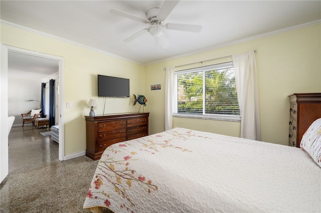 bedroom with ceiling fan and crown molding