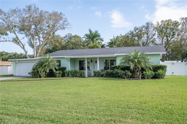 ranch-style home with a garage and a front yard