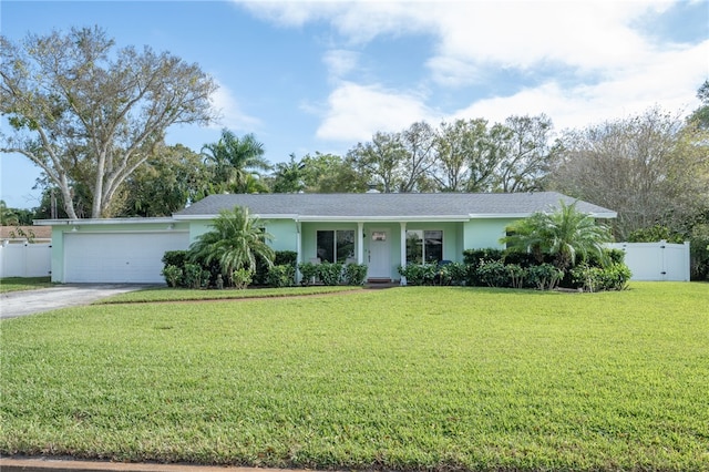 ranch-style house with a garage and a front lawn