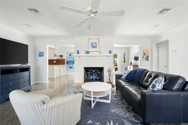 living room featuring ceiling fan, crown molding, and a brick fireplace