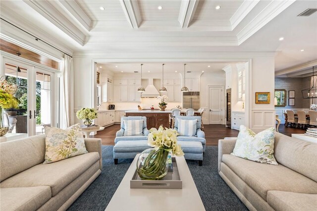 living room featuring french doors, ornamental molding, dark hardwood / wood-style floors, and beam ceiling