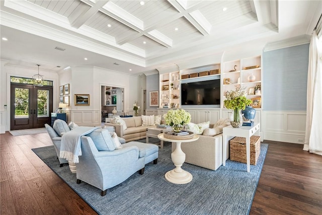 living room featuring dark hardwood / wood-style flooring, coffered ceiling, french doors, and beamed ceiling