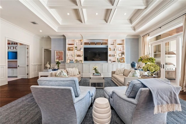 living room featuring built in features, dark hardwood / wood-style flooring, coffered ceiling, crown molding, and beam ceiling