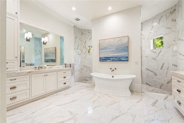 bathroom with vanity, ornamental molding, and shower with separate bathtub