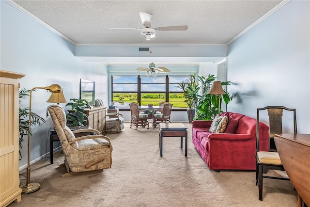 5 Plantation Dr Unit 206, Vero Beach, FL 32966 - carpeted living room with ornamental molding, a textured ceiling, and a ceiling fan