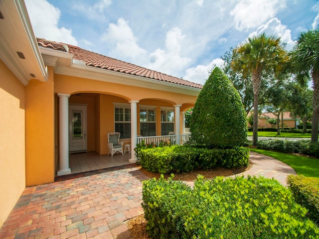 view of exterior entry with a porch