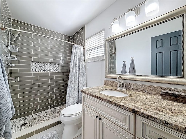 bathroom with vanity, toilet, and a stall shower