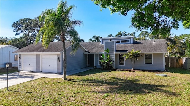 mid-century inspired home with an attached garage, driveway, a front yard, and fence