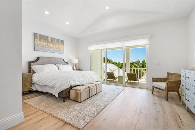 30 Strand Dr, Vero Beach, FL 32963 - bedroom with access to exterior, light wood-type flooring, recessed lighting, and vaulted ceiling