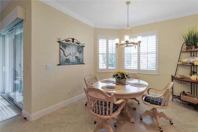 tiled dining room with crown molding and an inviting chandelier