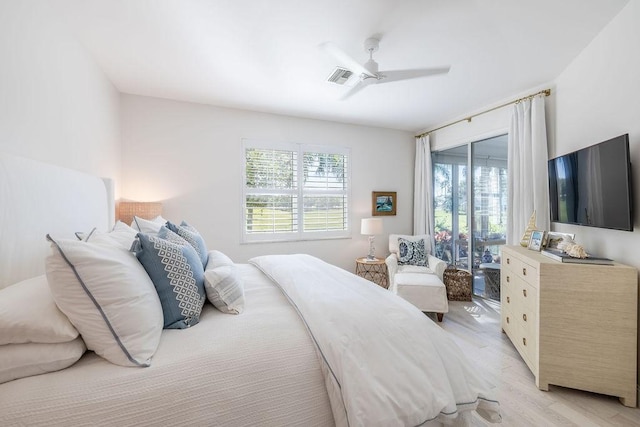 bedroom with visible vents, light wood-type flooring, and a ceiling fan