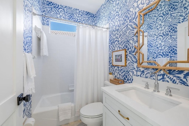 full bathroom with wallpapered walls, shower / bathtub combination with curtain, toilet, and vanity