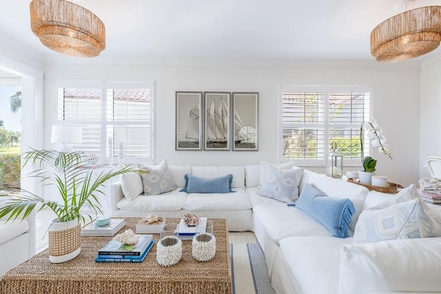 living room featuring ornamental molding