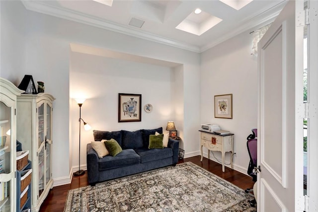 living room with crown molding, coffered ceiling, and dark hardwood / wood-style flooring