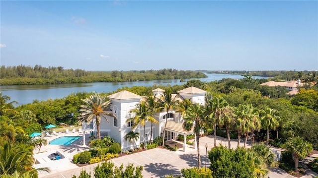 birds eye view of property featuring a water view