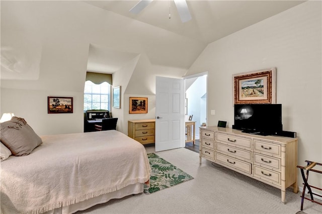 bedroom featuring light carpet, ceiling fan, and lofted ceiling