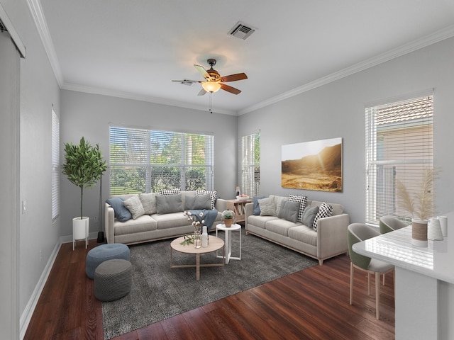 living room with ornamental molding, ceiling fan, and dark hardwood / wood-style floors