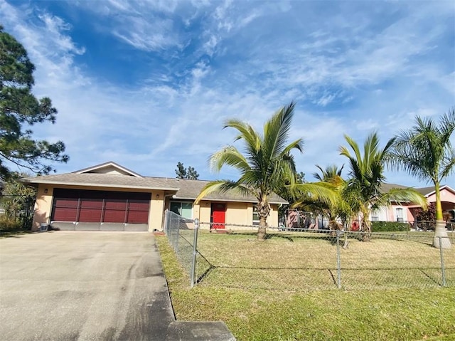 single story home featuring a front yard and a garage