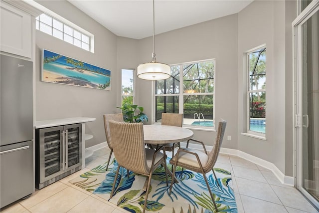 tiled dining room with wine cooler