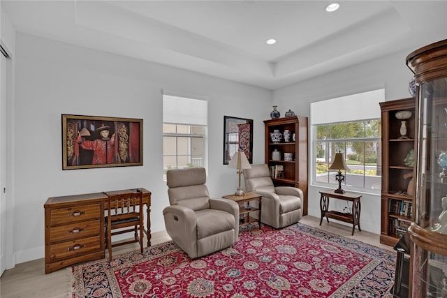 sitting room with a raised ceiling and light hardwood / wood-style flooring