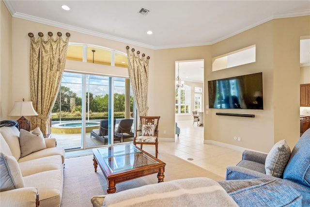 tiled living room featuring ornamental molding