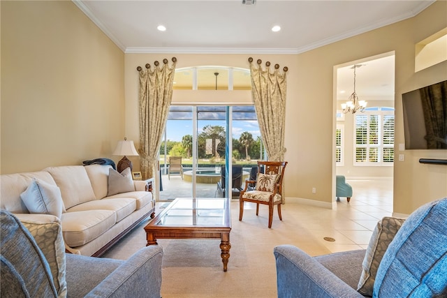 tiled living room featuring a chandelier and crown molding