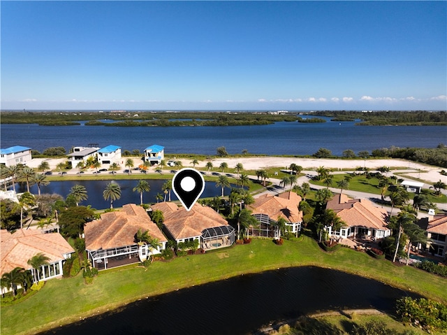 aerial view featuring a water view