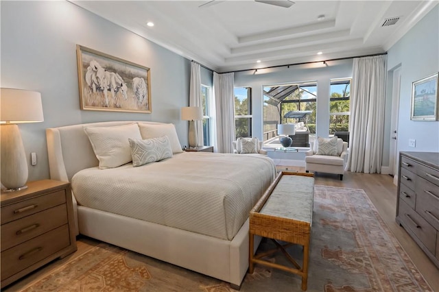 bedroom with a raised ceiling and light hardwood / wood-style flooring