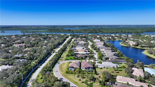 aerial view featuring a water view