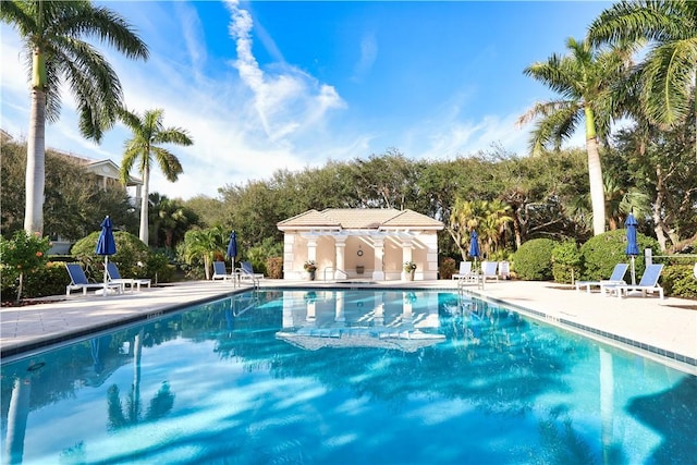 view of swimming pool featuring a patio area