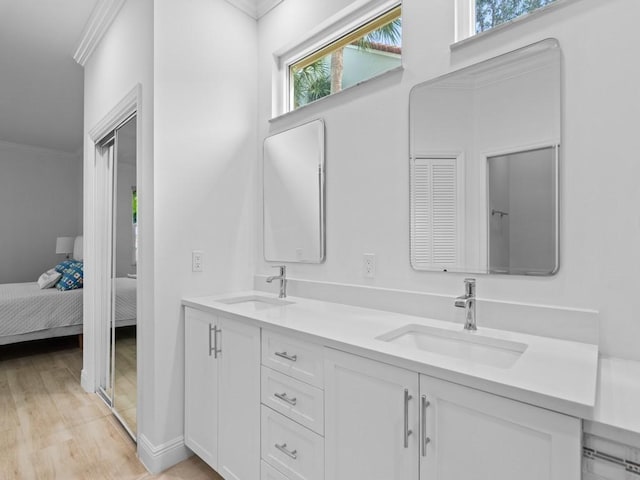 bathroom with vanity, crown molding, and hardwood / wood-style flooring