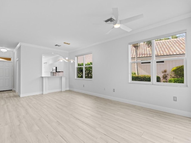 unfurnished living room featuring crown molding, ceiling fan, and light hardwood / wood-style floors