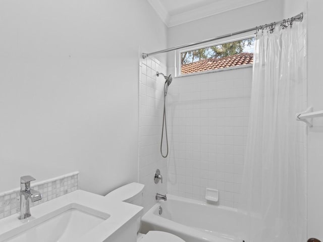 full bathroom featuring vanity, crown molding, shower / bath combo, and toilet