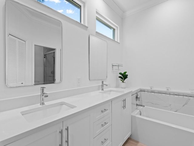 bathroom featuring vanity, a bath, and crown molding