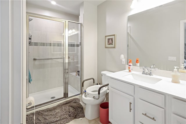 bathroom with vanity, walk in shower, tile patterned floors, and toilet